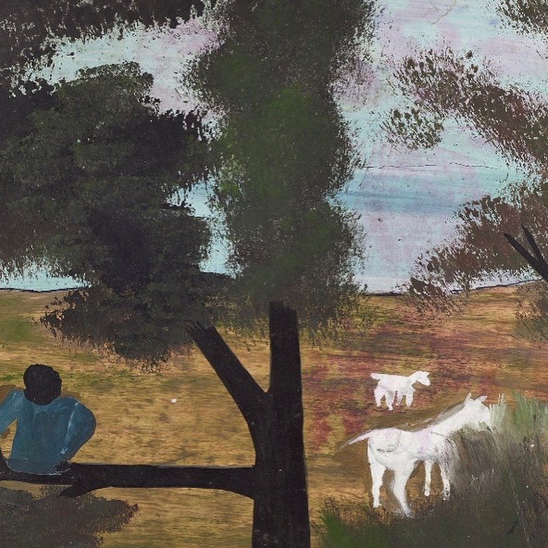 Painting by Antiguan artist Frank Walter (1926-2009). Man in tree with blue shirt watching goats.