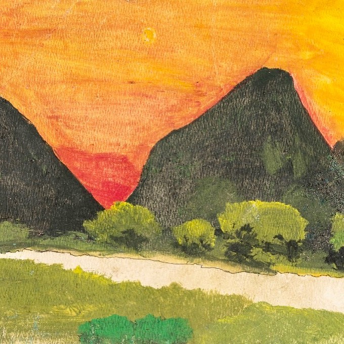 Painting by Antiguan artist Frank Walter (1926-2009). Landscape with yellow sky and mountains.