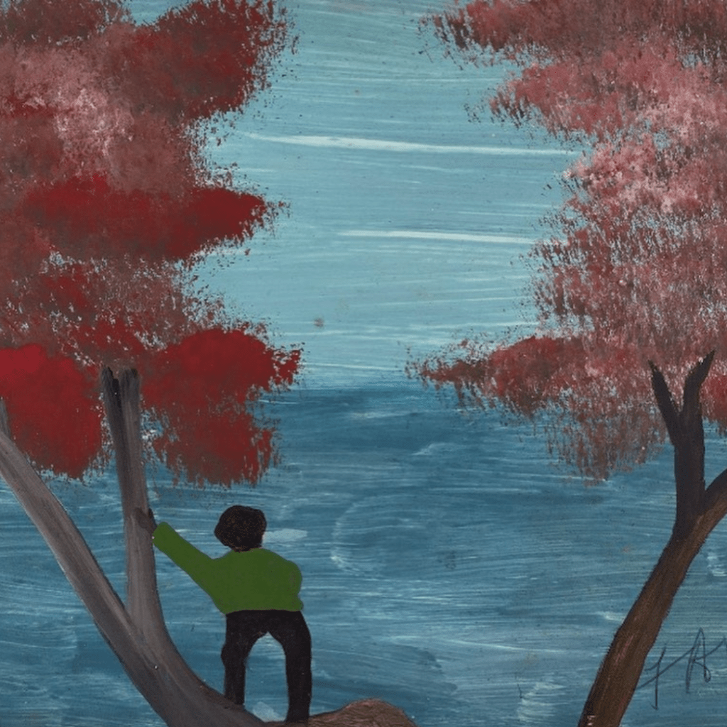 Painting by Antiguan artist Frank Walter (1926-2009). Man standing in tree wearing green shirt