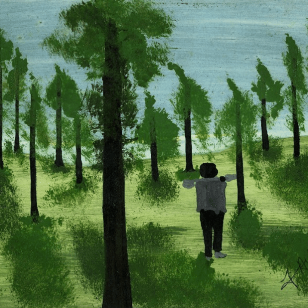 Painting by Antiguan artist Frank Walter (1926-2009). Man in grey shirt walking among trees.